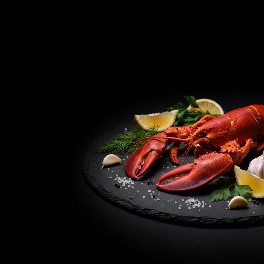 Live lobster on slate with lemon and herbs