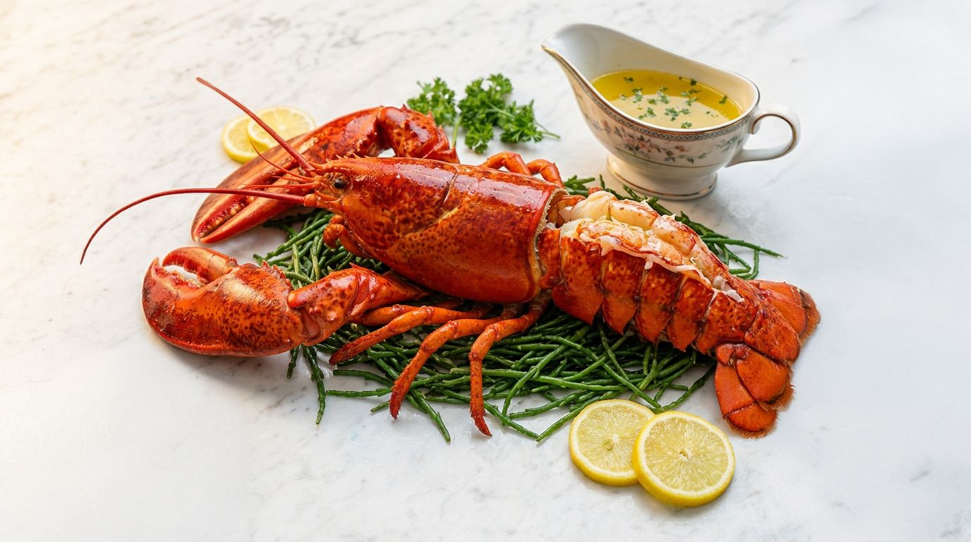 Whole cooked lobster with lemon and drawn butter